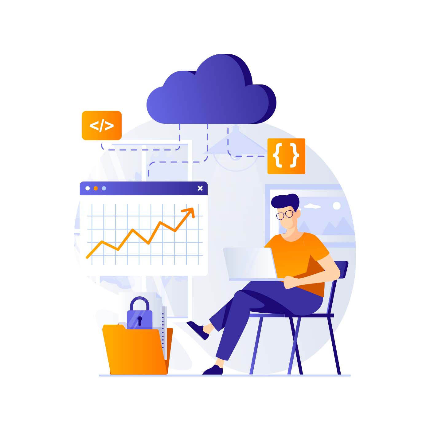 Illustratie van een ontwikkelaar met laptop, cloud, code en een groeiende grafiek