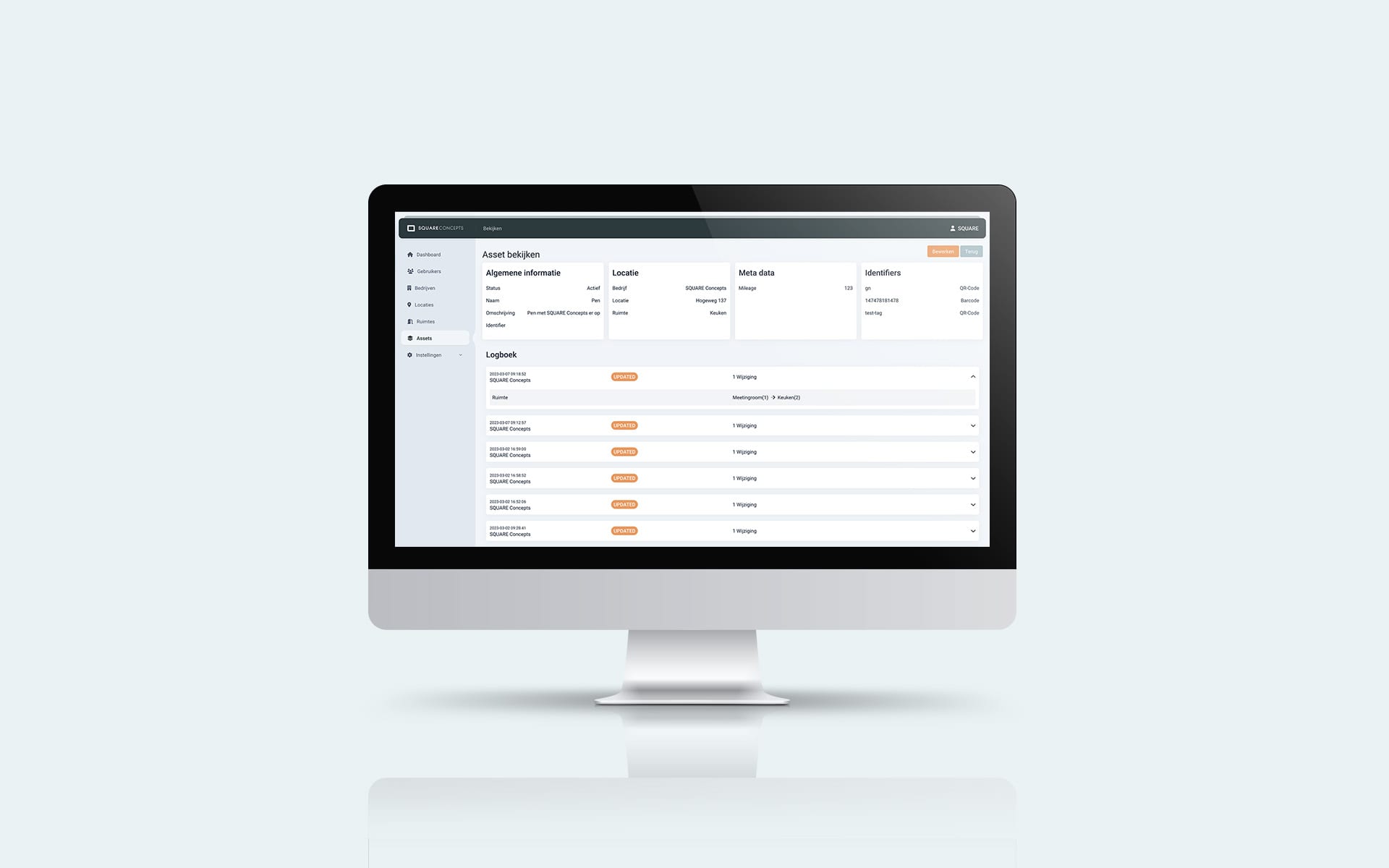 Assetdetails met logboek van scans in het RFID-systeem op een iMac
