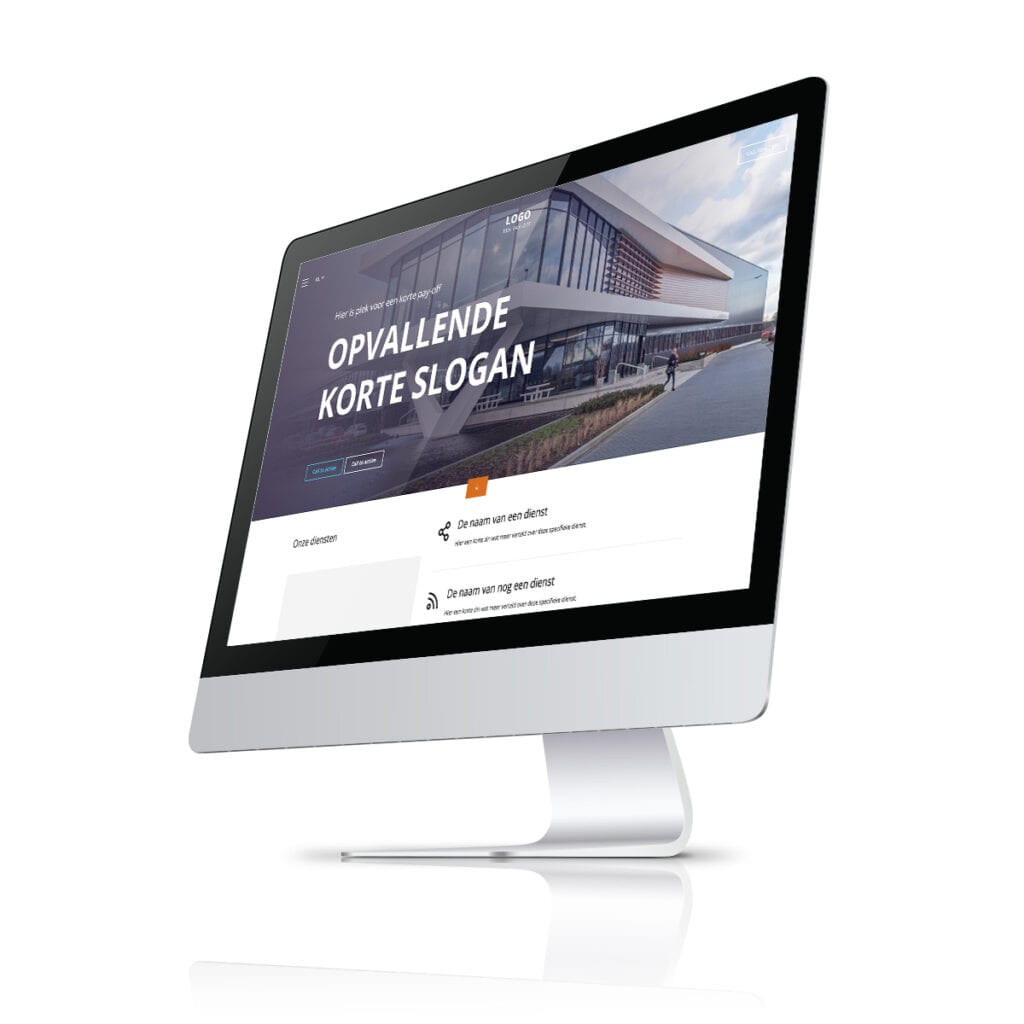 Voorbeeld van een websitesjabloon met opvallende slogan op een iMac