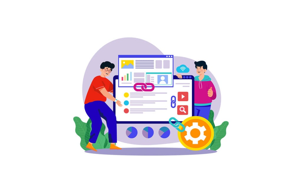 Illustratie van twee mensen die systemen met elkaar koppelen via een API