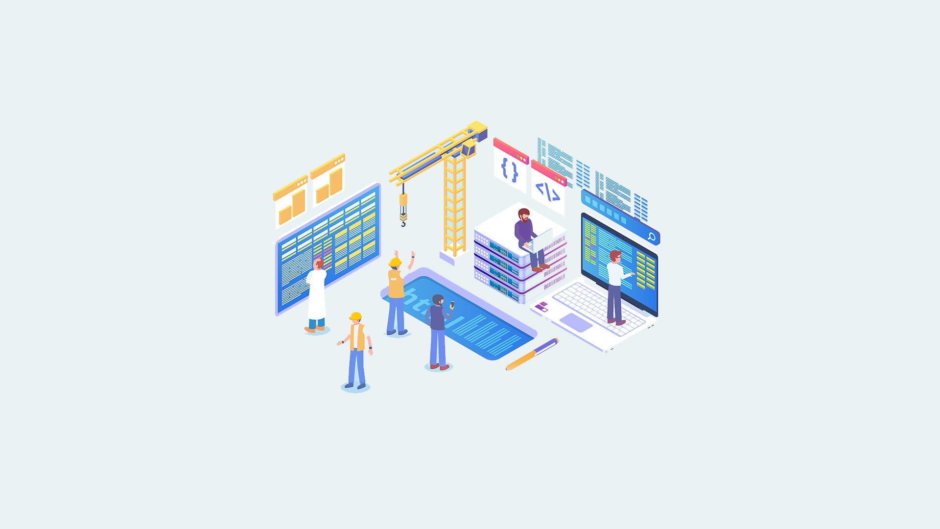 Isometrische illustratie van een team dat software ontwikkelt