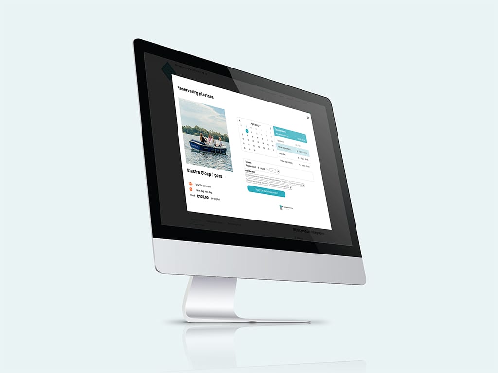 Reserveringsvenster voor een elektrische sloep in de webshop van Riverside Outdoor op een iMac